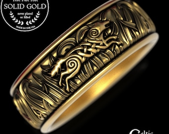 Mens Gold Wolf Ring, Mens Celtic Wolf Wedding Band, 14K Celtic Wolf Ring, 10K Mens Wolf Ring, 10K Celtic Mens Ring, 10K Celtic Wolf, 1910