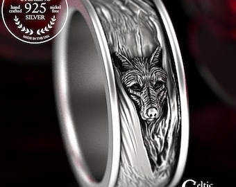 Sterling Silver Wolf Ring, Men's Wolf Wedding Ring, Wolf Ring, Canine Ring, Dog Ring, Pet Remembrance Ring, Animal Ring, 1795