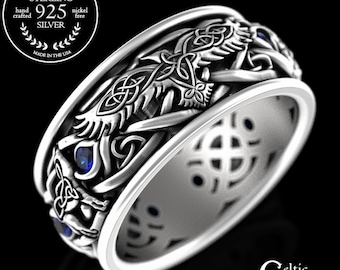 Sterling Raven Wolves Wedding Ring, Mens Wolf Wedding Ring, Sapphire Wolf Viking Ring, Viking Raven Ring, Norse Groom Wedding Ring, 4697