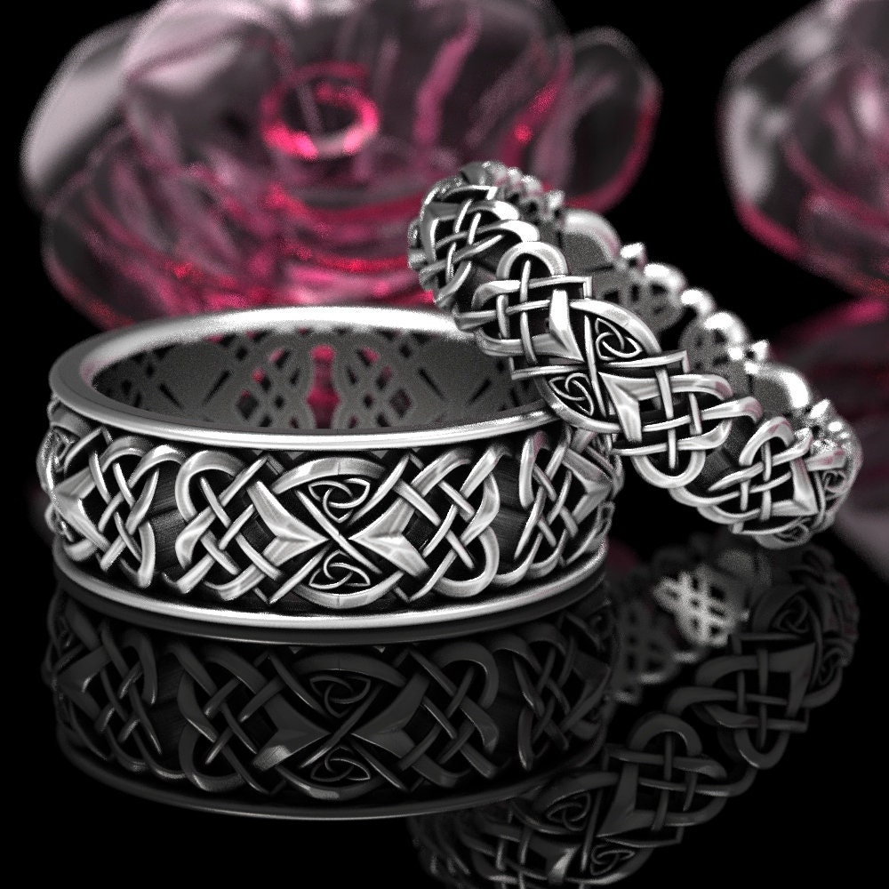 Celtic Knot Heart Ring Set, Mens & Womens Celtic Ring Knot Set, Love
