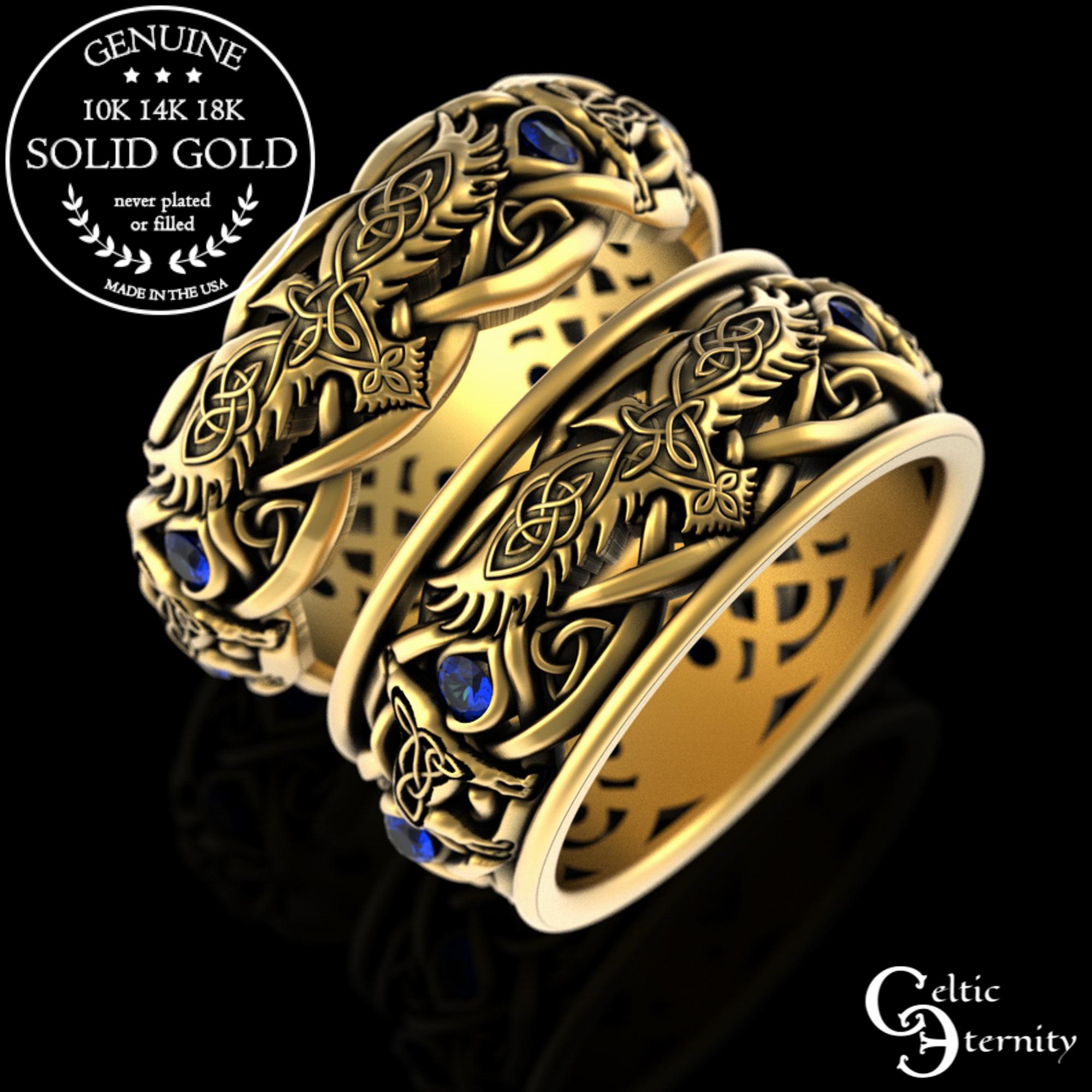 His Hers Gold Sapphire Matching Raven Wolf Ring Set, 10K 14K Celtic Matching Rings, Irish Wolves Wedding Band, Gold Viking Rings, 4696 4697