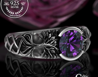 Alexandrite Bridal Tree Ring, Sterling Silver Celtic Tree Roots Wedding Ring, Irish Forest Bezel Engagement, Low-Profile Solitaire, 2034