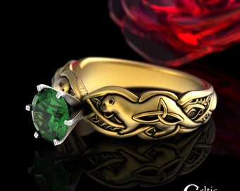 10K Gold Otter Engagement Ring, 14K Emerald Otter Ring, Celtic Otter Wedding Ring, 10K White Gold Irish Ring, Emerald Irish Engagement, 3060