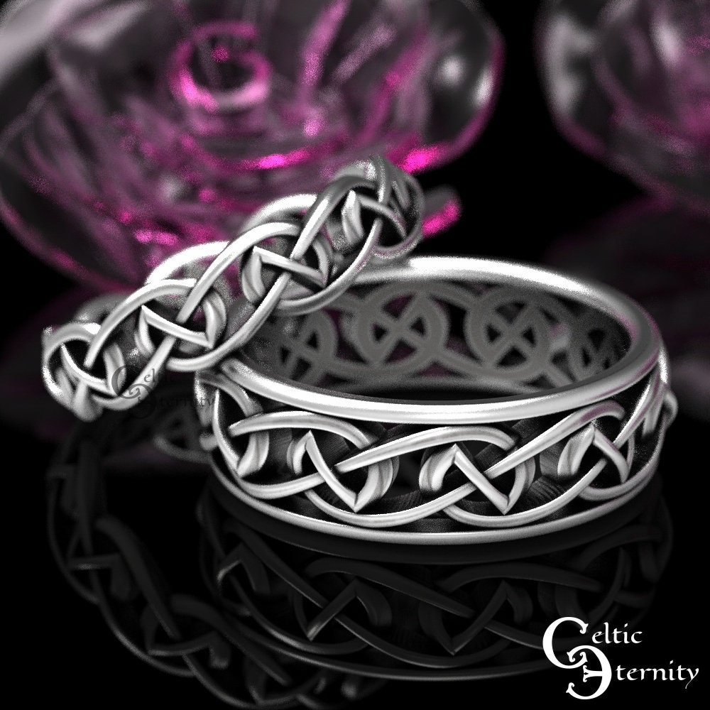 Sterling Celtic Wedding Ring Set, His Hers Wedding Band, Matching