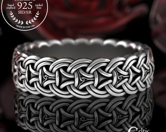 Viking Shield & Trinity Knotwork Ring, Sterling Borre Style Chain Ring, Norse Design Wedding Band, Silver Chainmail Pattern Jewelry, 3304