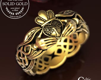 10K Gold Tree Crown Ring, 14K Women Forest Claddagh, Gold Tree Heart Wedding Band, Heartwood Ring, Platinum Celtic Handfasting Ring, 2039