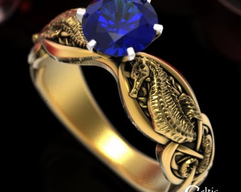 Seahorse Sapphire Ring, 14K Sapphire Celtic Engagement Ring, Gold Sea Horse Ring, Celtic Sea Horse Ring, 10K Sapphire Ring, 1869
