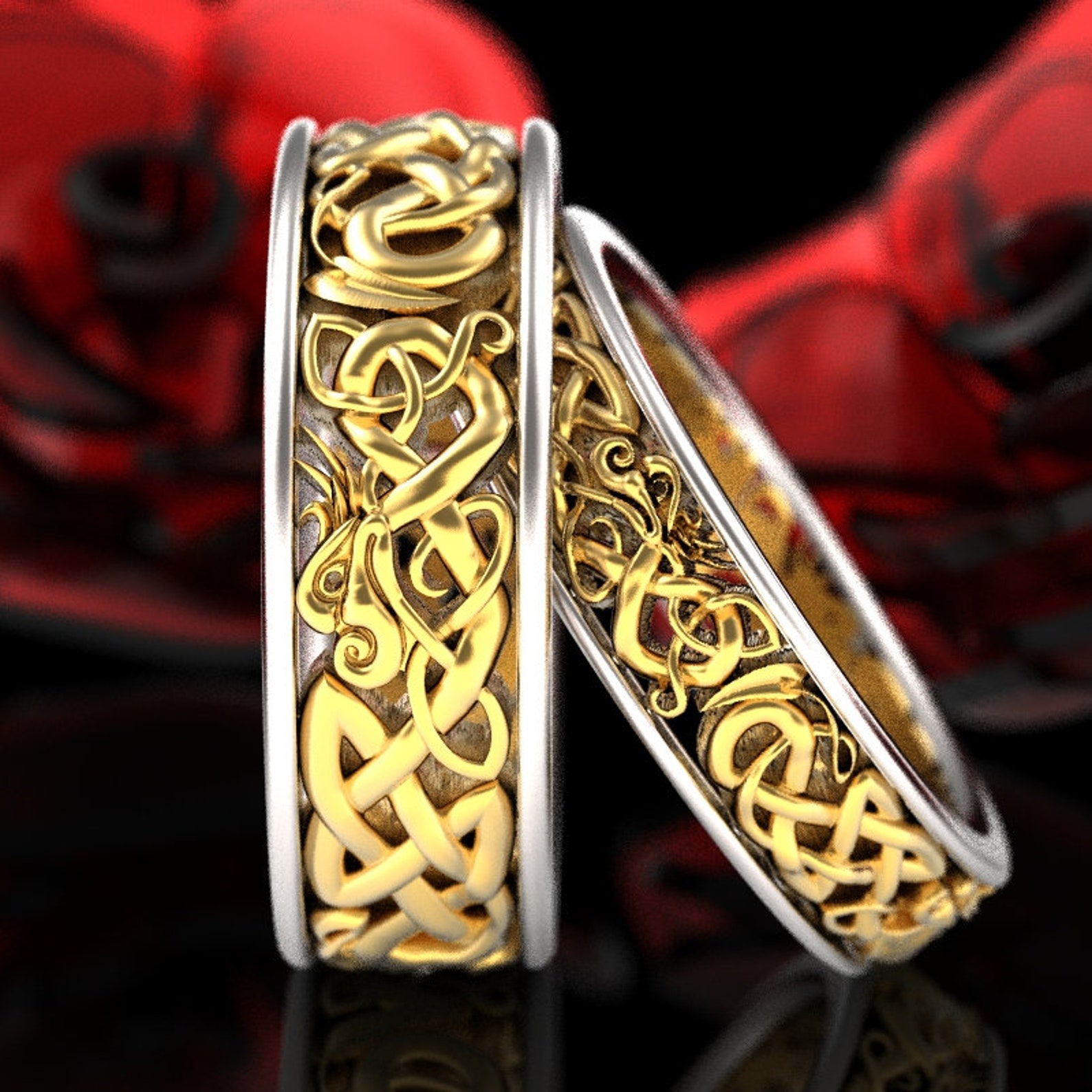 2Tone Gold Celtic Dragon Ring Set Womens Wedding Band Mens Etsy