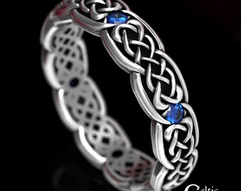 Narrow Womans Ring, Sapphire Knotwork Ring, Celtic Wedding Band, Sterling Silver Sapphire Wedding Band, Celtic Sapphire Wedding Ring, 1582