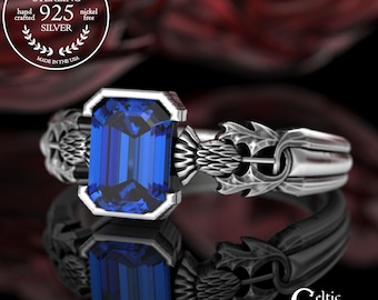 Sapphire Thistle Bezel Statement Ring, Sterling Emerald-Cut Gemstone for Irish Bride, Silver Scottish Highlands Thistles Wedding Ring, 3200