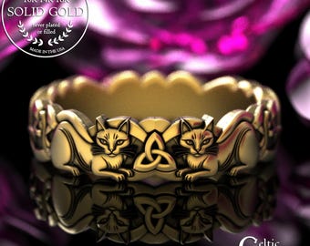 Woman's Gold Kitty Cat Ring, 14K Celtic Feline Wedding Band, Platinum Kitten Ring, Irish Housecat Jewelry, 2154