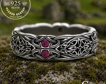 Sterling Silver Celtic Wedding Ring, Ruby Wedding Band, Celtic Wedding Band, Silver Eternity Ring, Ruby Celtic Ring, Celtic Love Ring, 1468
