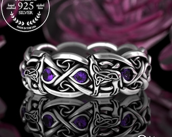 Amethyst Wolf Wedding Ring, Sterling Silver Wolf Ring, Wolf Wedding Band, Wolf Celtic Wedding Band, Amethyst Wedding Ring, Celtic Ring, 1267