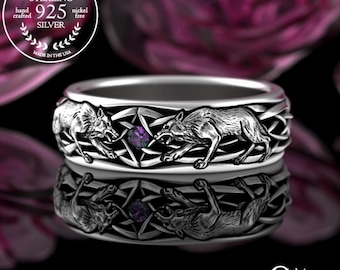Alexandrite Direwolf Sterling Ring, Silver Wolves Ring, Sterling Viking Wolf Ring, Mens Alexandrite Band, House Stark Winterfell Ring 4747