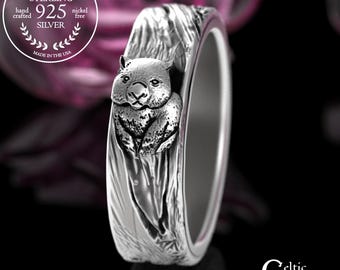Sterling Cute Wombat Ring, Woman's Silver Tree Bark Ring, Australia Wedding Theme, Wombie Bear, Marsupial Jewelry, Land Down Under,4054