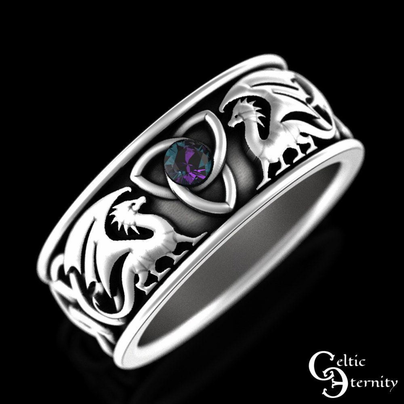 Alexandrite Dragon Ring, Celtic Dragon Wedding Band, Sterling Mens Alexandrite Dragon Ring, Celtic Dragon Wedding Band, Sterling Mens