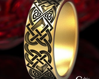 Mens Engraved Ring, Wide Gold Wedding Ring, Mens Gold Wedding Band, Mens Celtic Ring, Gold Celtic Wedding Band, Gold Infinity Ring, 1562