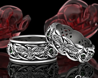 Matching Emerald Raven Wolf Ring Set, His Hers Sterling Celtic Matching Ring Set, Irish Emerald Wedding Bands, Wedding Ring Set, 4696 4697