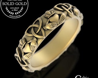 Gold or Platinum Claddagh Ring for Women, 10K Irish Heart Hands Wedding Ring, 14K Classic Scottish Trinity Wedding Band, Celtic Trinity 3161