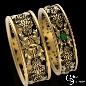 Gold Thistle Wedding Set, Emerald Thistle Ring Set, Gold Matching ...