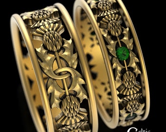 Gold Thistle Wedding Set, Emerald Thistle Ring Set, Gold Matching Scottish Wedding Rings, Gold Scottish Rings, Thistle Gold Rings, 1769 1768