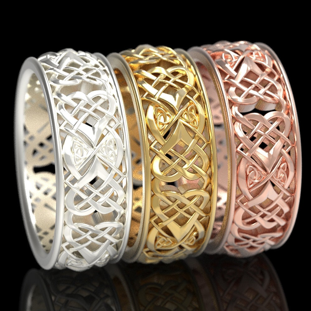 Celtic Heart Knot Wedding Ring Set, His Hers Gold Wedding Ring Set