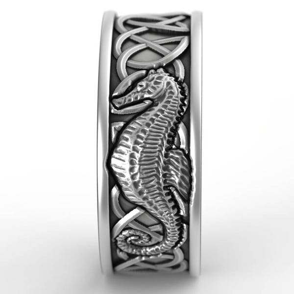 Sterling Silver Celtic Seahorse Ring, Seahorse Wedding Band, Nautical Wedding Ring, Seahorse Jewelry, Sea Ocean Theme Wedding Ring, 1163