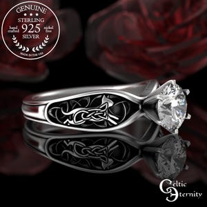 1 Carat Moissanite Kitty Cat Ring, Sterling Silver Irish Kitten Engagement Ring, Welsh Knotwork Feline Solitaire, Celtic Bridal Minx, 3255