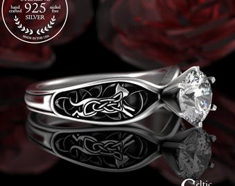 1 Carat Moissanite Kitty Cat Ring, Sterling Silver Irish Kitten Engagement Ring, Welsh Knotwork Feline Solitaire, Celtic Bridal Minx, 3255