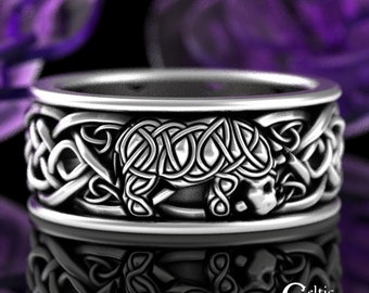 Sterling Rhino Wedding Ring, Silver Rhinoceros Wedding Band, Mens Infinity Wedding Ring, Celtic Knotwork Ring, Man African Jungle Ring, 3092