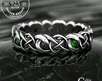 Emerald & Sterling Silver Woven Celtic Ring, Silver Irish Knotwork Bridal Handfasting Ring, 925 Bridal Infinity Scottish Heritage Ring, 1986