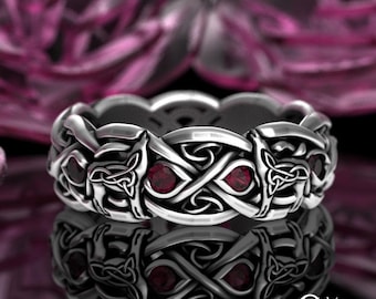 Ruby Wolf Wedding Ring, Sterling Silver Celtic Wolf Ring, Wolf Wedding Band, Ruby Celtic Wedding Band, Ruby Infinity Wedding Ring, 1267