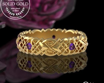 Gold & Amethyst Celtic Knot Ring, 10K Amethyst Celtic Wedding Ring, Gold Amethyst Celtic Ring, Gold Amethyst Irish Wedding Ring, 4014