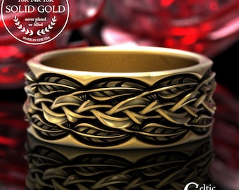 Men's 10K 14K Gold Braided Vine Wedding Ring, 18K White Gold Irish Groom Botanical Leaves Ring, Platinum Scottish Weave Marriage Ring, 2055