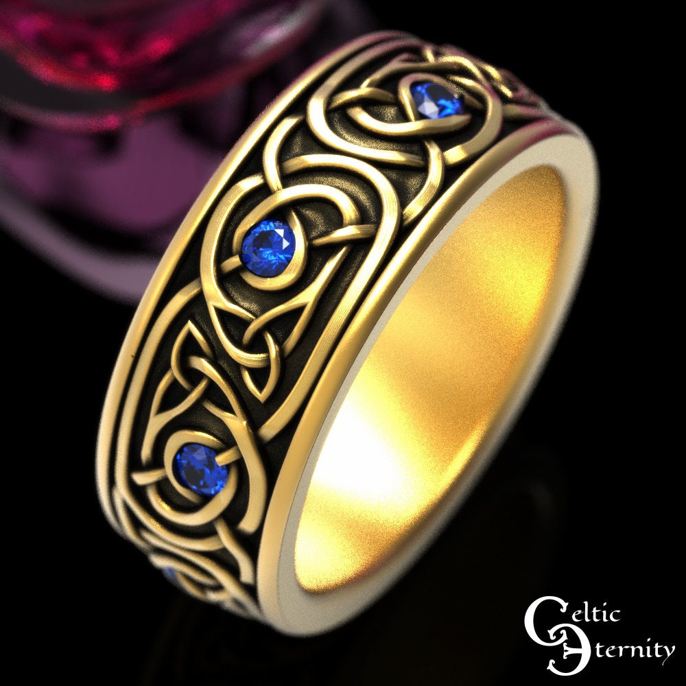 10K Mens Gold Celtic Ring, 14K Gold Celtic Ring, 10K Sapphire Celtic Wedding Ring, Mens Sapphire