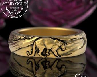 Gold Cougar Statement Ring, 14K Mountain Lion Wedding Band, Black Panther Jewelry, 18K Puma Ring, Panther Shaman Animal, Wildcat Ring, 3286