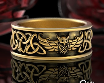 10K Gold Owl Mens Ring, Gold Viking Wedding Band, Viking Owl Ring, 14K Gold Celtic Irish Trinity Knot Band, Mens Norse Animal Ring, 3100