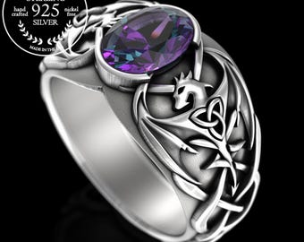 Sterling Silver & Alexandrite Dragon Ring, Celtic Gemstone Draconid Ring, Heavy Irish Drake Ring, Mens Nordic Wyrm Wedding Ring,  3116
