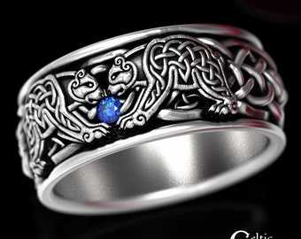 Sapphire Bear Ring, Celtic Sterling Ring, Mens Wedding Band, Silver Bear Ring, Celtic Bear Ring, Mens Bear Ring, Sapphire Celtic Ring, 1691