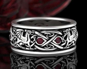 Ruby Silver Dragons Ring, Sterling Viking Mens Wedding Band, Scottish Dragon Ring, Mens Nordic Celtic Knotwork Ring, 3109