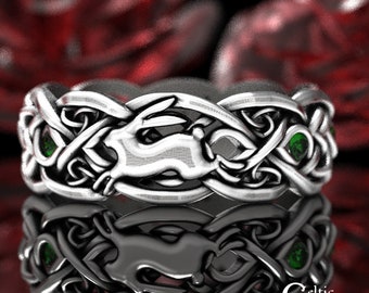 Emerald Rabbit Ring, Sterling Rabbit Ring, Silver Rabbit Wedding, Celtic Rabbit Ring, Hare Ring, Silver Rabbit Ring, Emerald Bunny Ring 4682