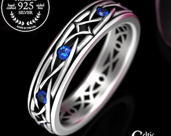 Sterling Men's Sapphire Scottish Wedding Band, Silver Irish Groom Ring, Celtic Heirloom Jewelry, Woven Irish Anniversary Ring, 2088