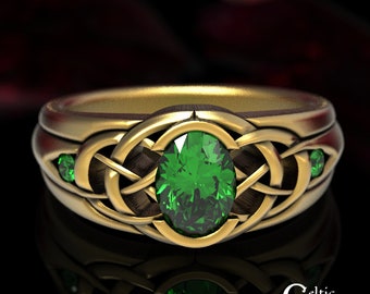 Gold & Emerald Celtic Statement Ring, Gold Wide Engagement Ring, Womens Wide Engagement Ring, White Gold Emerald Womens Celtic Ring, 1653