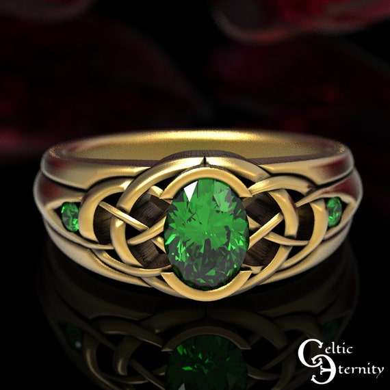 Gold & Emerald Celtic Statement Ring, Gold Wide Engagement Ring, Womens Wide Engagement Ring, White Gold Emerald Womens Celtic Ring, 1653