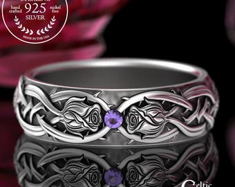Woman's Amethyst Rose Wedding Band, Sterling Celtic Amethyst Ring, Silver Flower Bride Ring, Irish Woven Knotwork Anniversary, 3346