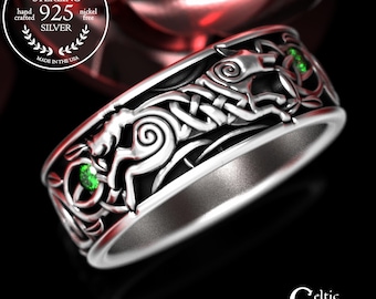 Sterling & Emerald Wild Wolf Wedding Band, Knotted Vines Celtic Ring for Groom, Handcrafted Wolfkin Anniversary Ring, Silver Lobo Ring, 2046
