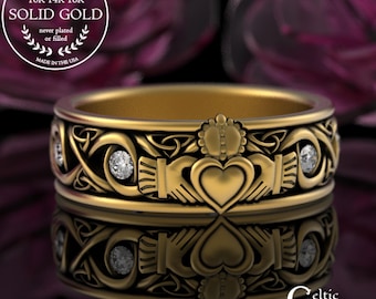 Gold & Moissanite Celtic Claddagh Band, Scottish Heritage Heart Wedding Ring, Mens Irish Platinum Friendship Love and Loyalty Ring, 3218