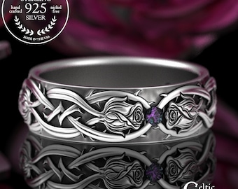 Alexandrite & Rose Garden Ring, Sterling Lady Rose Wedding Band, Silver Rose Bride Ring, Thorns + Roses Jewelry, 3346