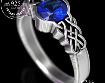Celtic Blue Sapphire Engagement Ring, Sapphire Solitaire Ring, Celtic Silver Wedding Ring, Celtic Engagement Ring, Silver Solitaire, 1032