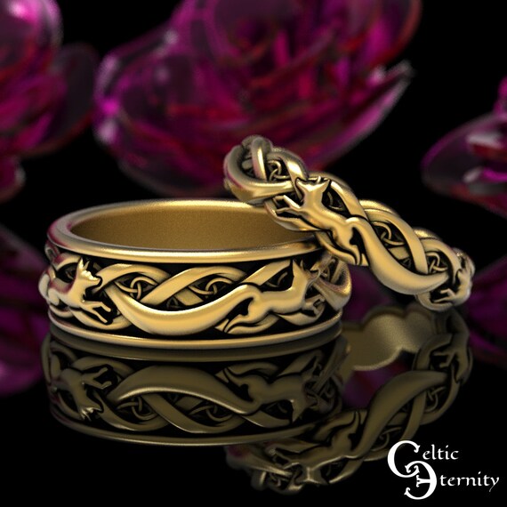 Matching Sterling Fox Wedding Set, Celtic Fox Ring Set, Silver